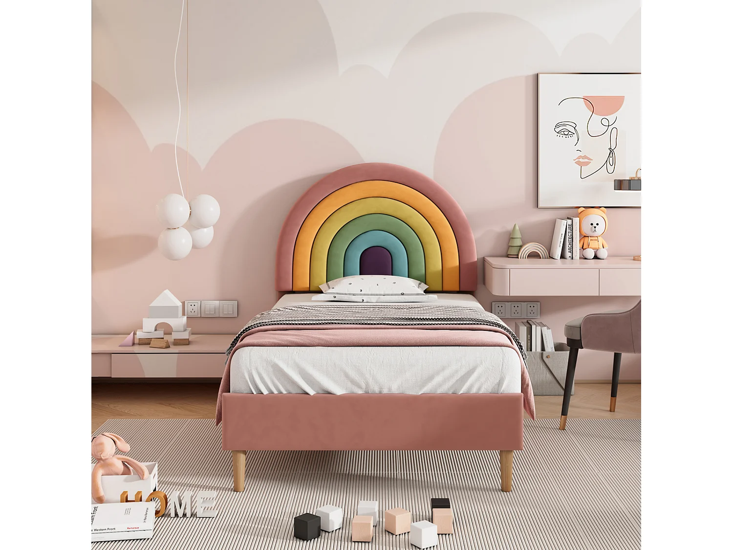 Lit simple 90x200cm capitonné avec sommier à lattes en bois et tête de lit réglable en forme de arc-en-ciel - lit en velour rose