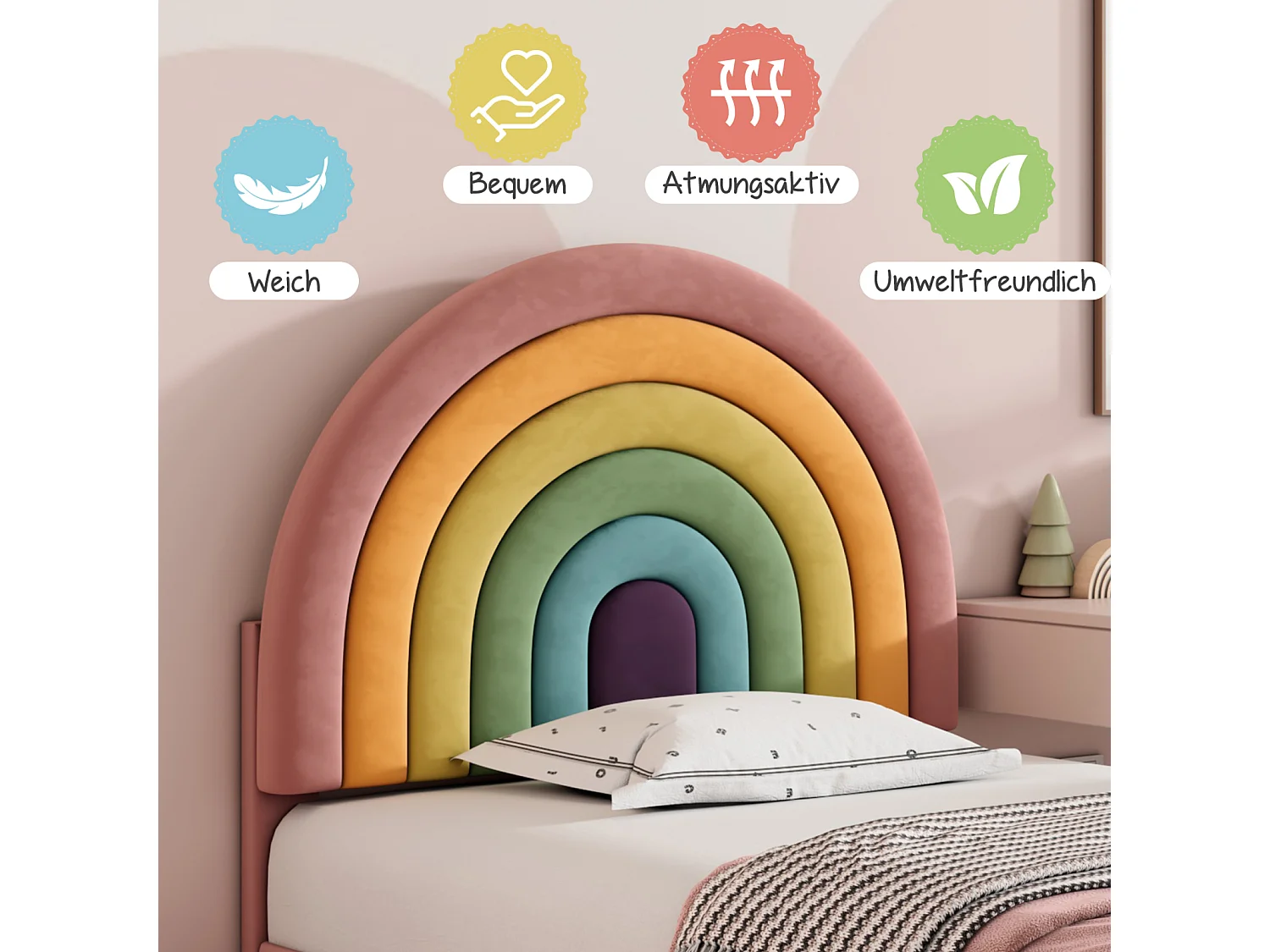 Lit simple 90x200cm capitonné avec sommier à lattes en bois et tête de lit réglable en forme de arc-en-ciel - lit en velour rose