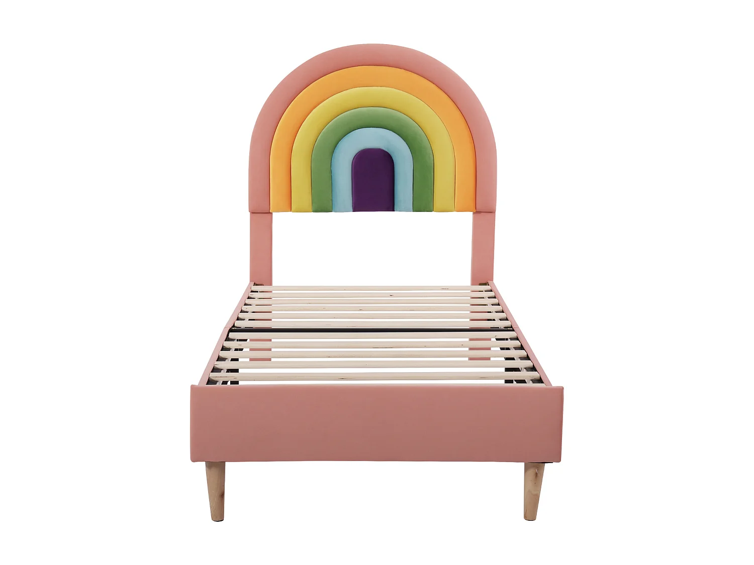 Lit simple 90x200cm capitonné avec sommier à lattes en bois et tête de lit réglable en forme de arc-en-ciel - lit en velour rose