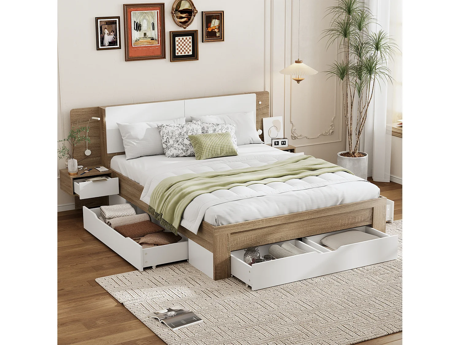 Lit 140x200cm, avec plusieurs tiroirs, sommier à lattes et tête de lit avec 2 chevets, MDF, coloris blanc + chêne