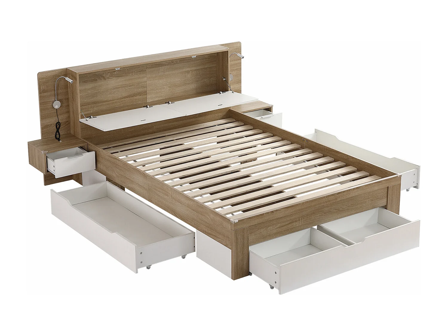 Lit 140x200cm, avec plusieurs tiroirs, sommier à lattes et tête de lit avec 2 chevets, MDF, coloris blanc + chêne
