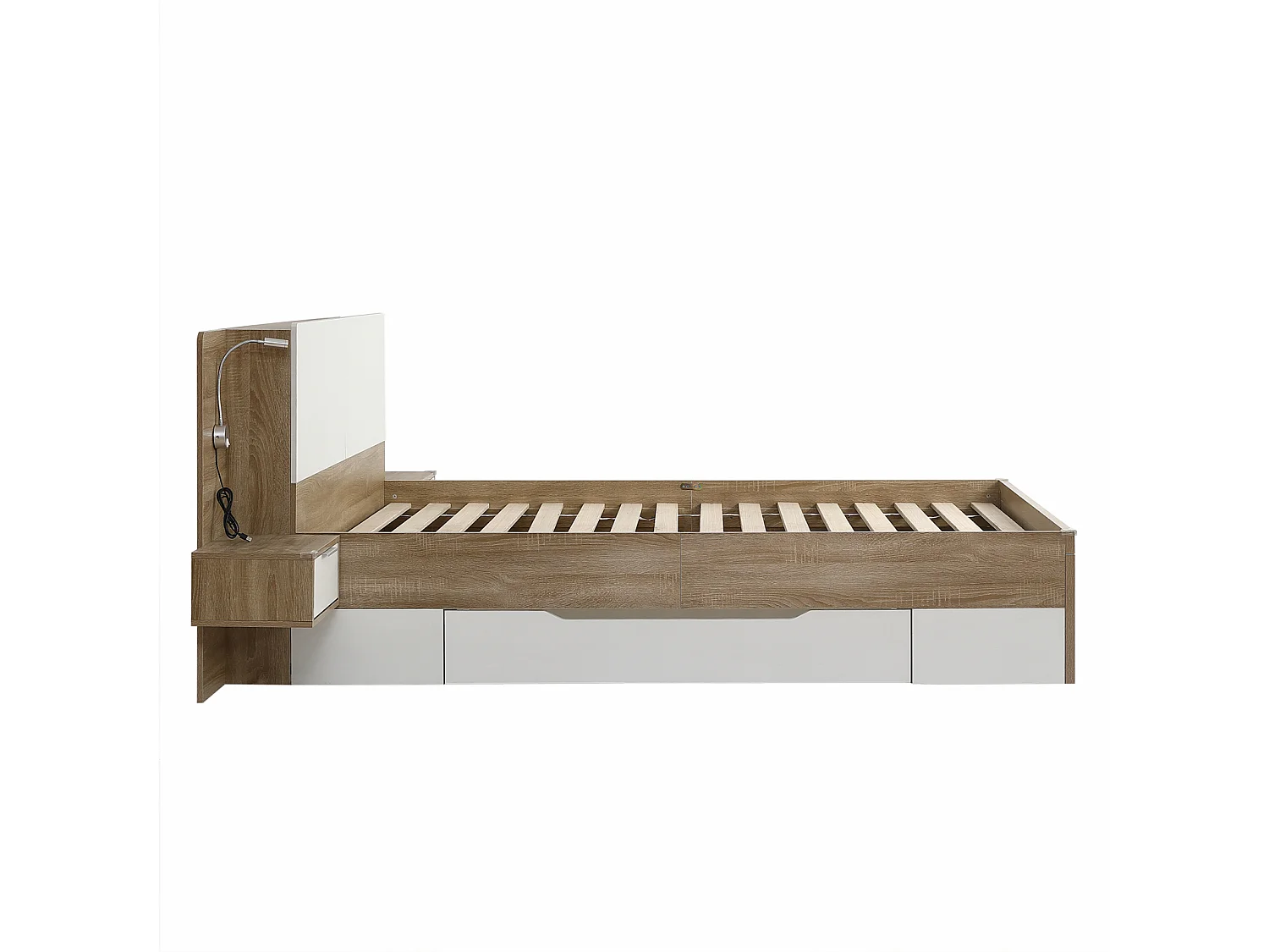 Lit 140x200cm, avec plusieurs tiroirs, sommier à lattes et tête de lit avec 2 chevets, MDF, coloris blanc + chêne