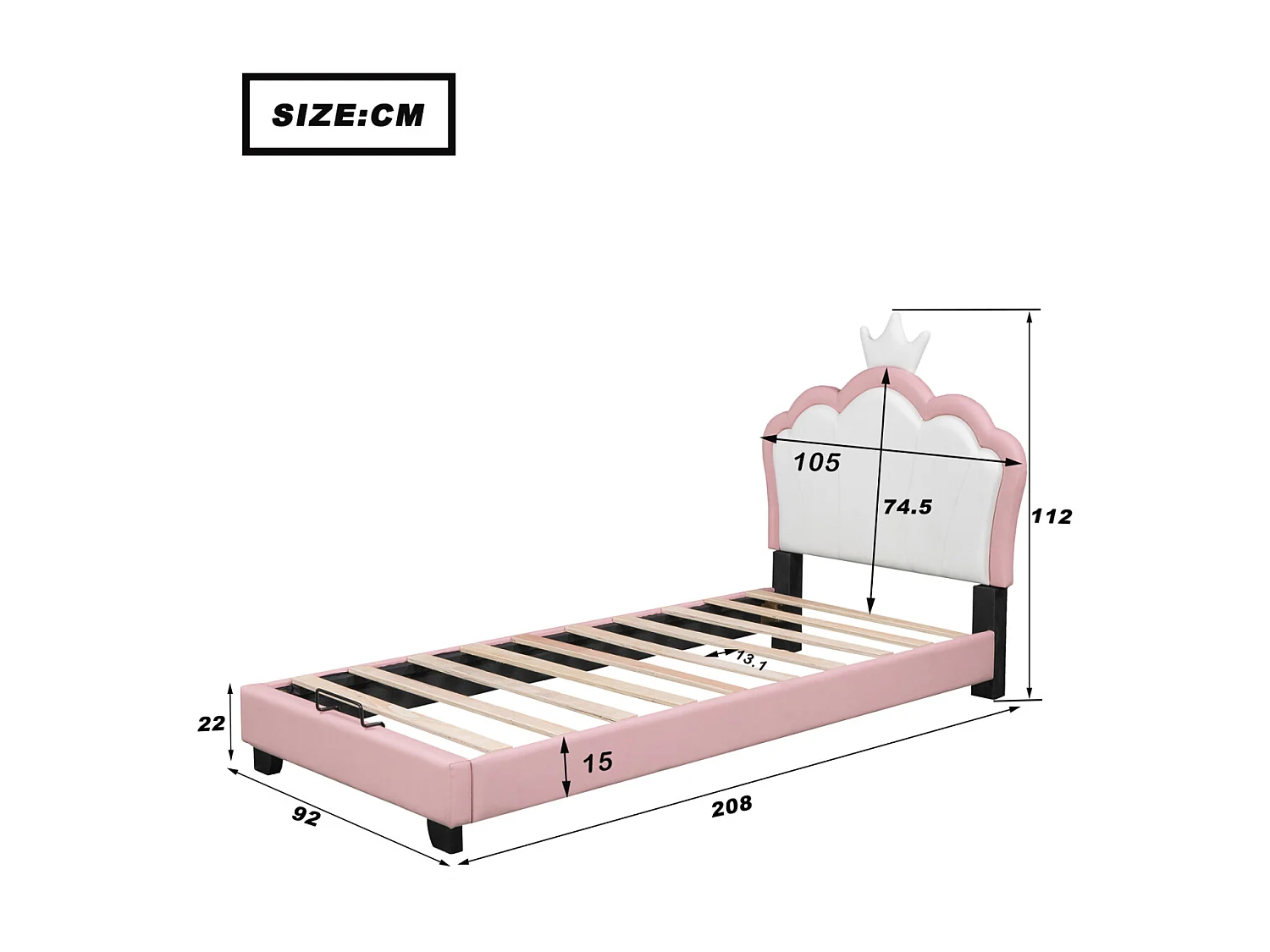 Cama 90x200cm - Cama Infantil com Cabeceira Coroa + Estrado Ripado - Rosa