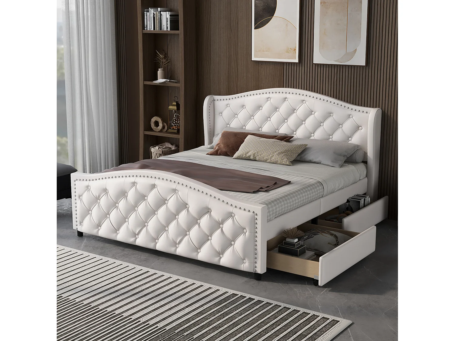 Tweepersoonsbed 140x200cm, gestoffeerd bed met 2 lades, lattenbodem en hoofdbord met knoopklinknagels, PU, ​​​​Wit