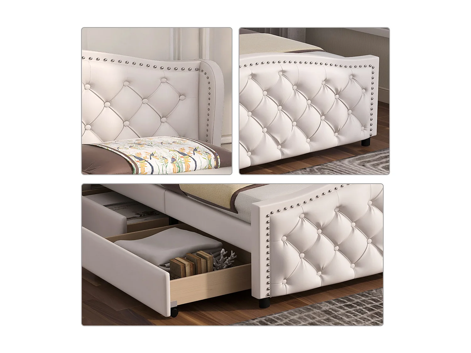 Tweepersoonsbed 140x200cm, gestoffeerd bed met 2 lades, lattenbodem en hoofdbord met knoopklinknagels, PU, ​​​​Wit