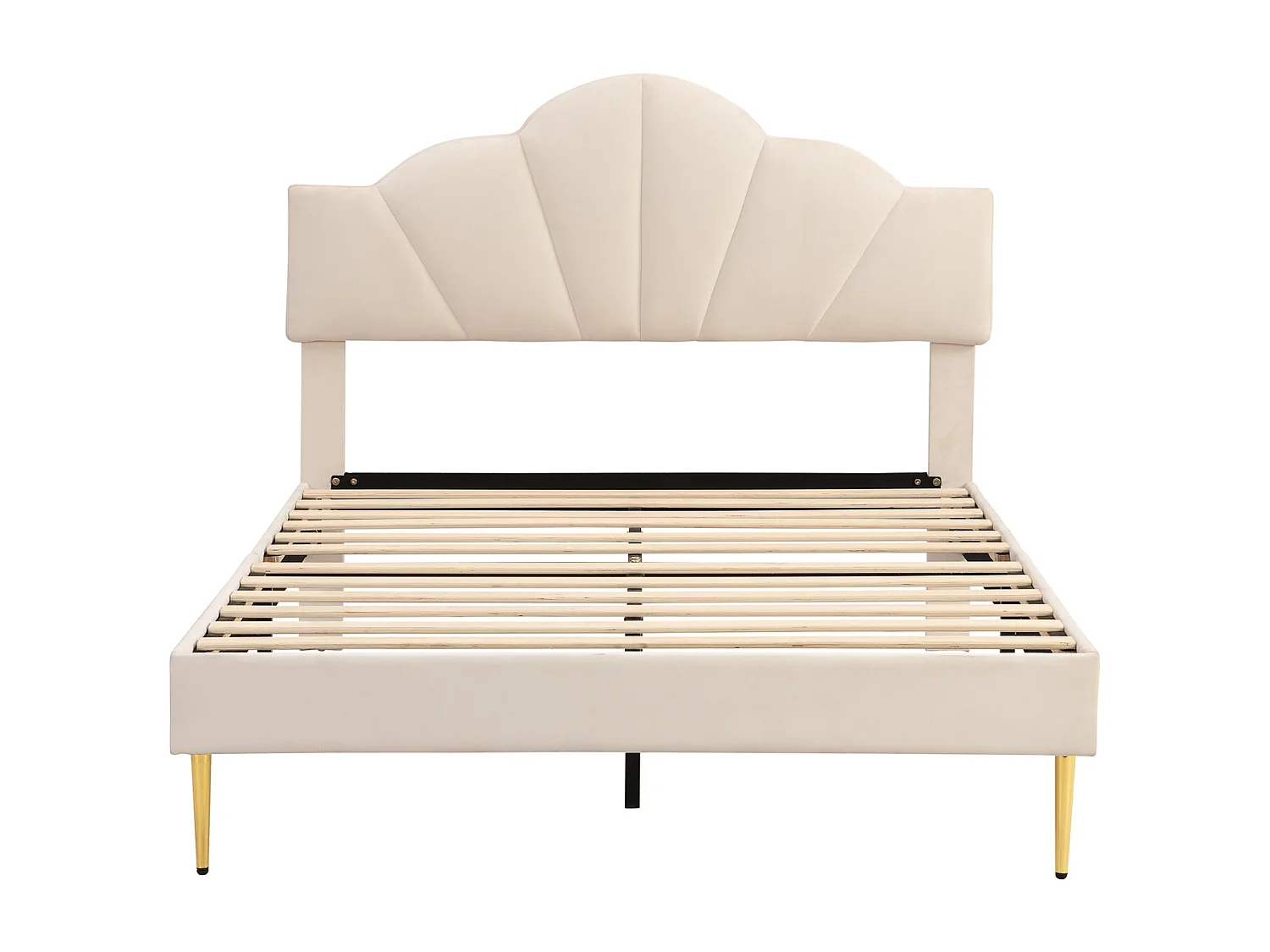 Lit adulte double rembourré en velours, avec sommier à lattes en bois, tête de lit réglable en forme de coquille, pieds en fer doré, 140x200cm beige