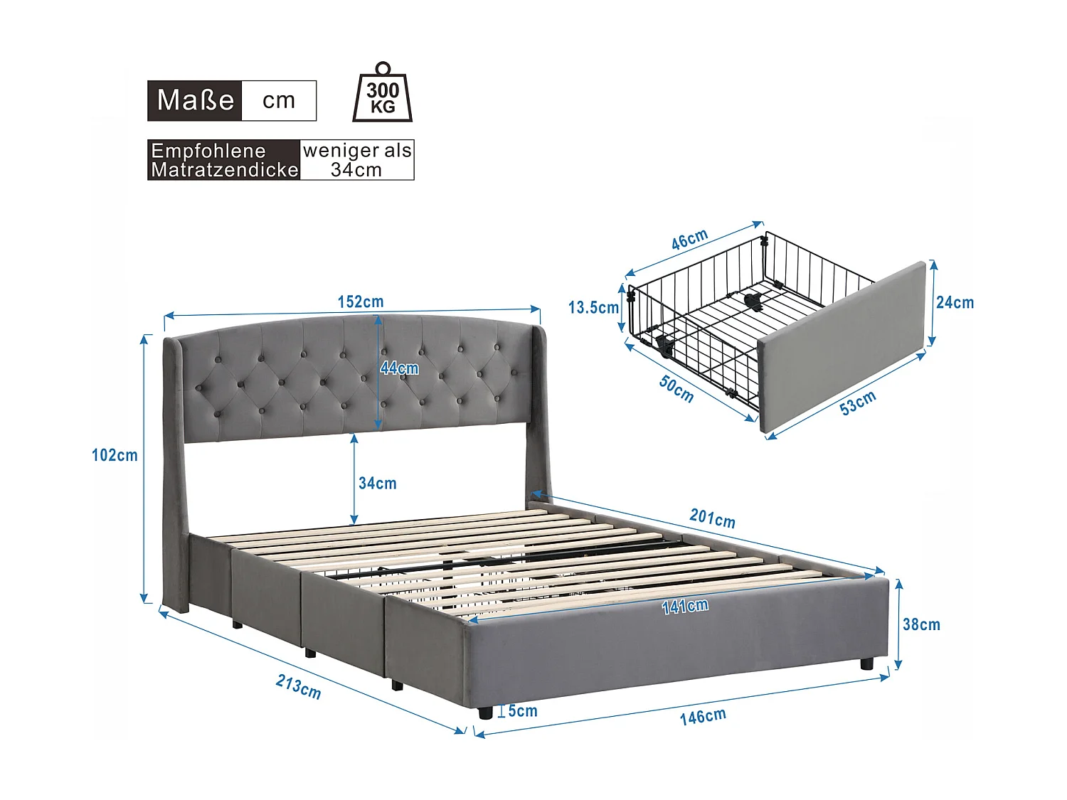 Volwassen bed 140x200 cm - fluwelen gestoffeerd bed met 4 lades in massief draadgaas + lattenbodem + hoofdbord zonder matras - grijs