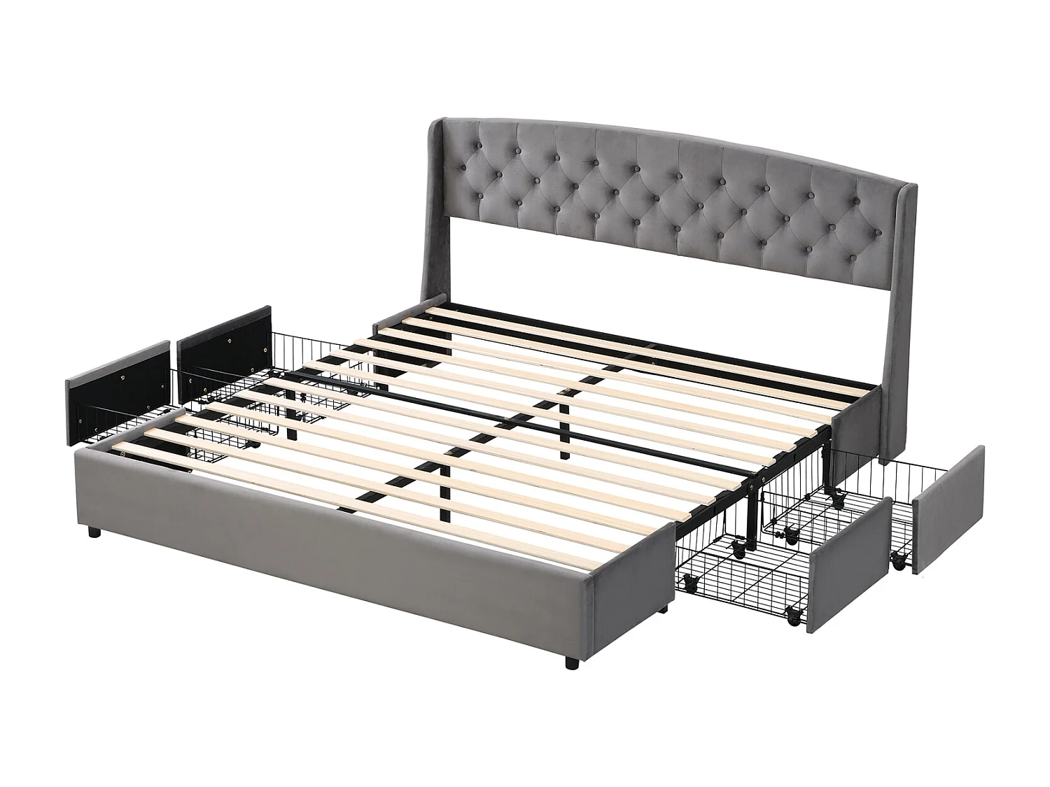 Volwassen bed 140x200 cm - fluwelen gestoffeerd bed met 4 lades in massief draadgaas + lattenbodem + hoofdbord zonder matras - grijs