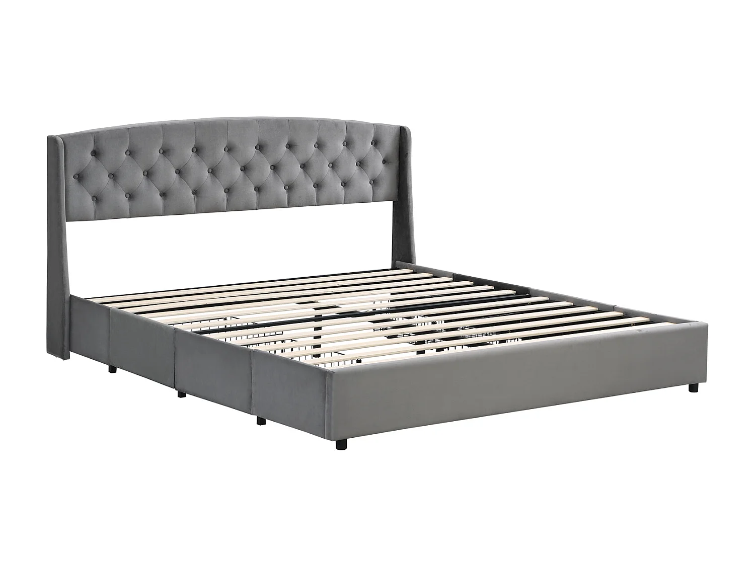 Volwassen bed 140x200 cm - fluwelen gestoffeerd bed met 4 lades in massief draadgaas + lattenbodem + hoofdbord zonder matras - grijs