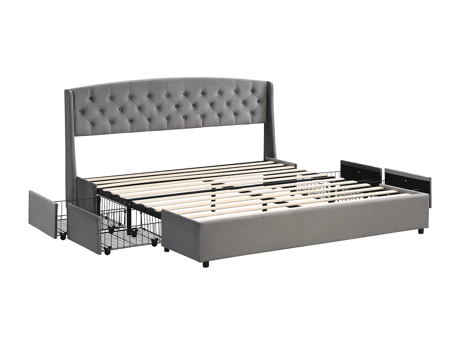 Volwassen bed 140x200 cm - fluwelen gestoffeerd bed met 4 lades in massief draadgaas + lattenbodem + hoofdbord zonder matras - grijs