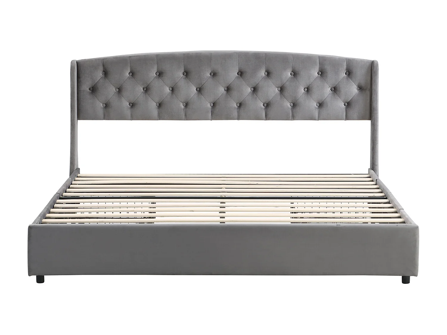 Volwassen bed 140x200 cm - fluwelen gestoffeerd bed met 4 lades in massief draadgaas + lattenbodem + hoofdbord zonder matras - grijs