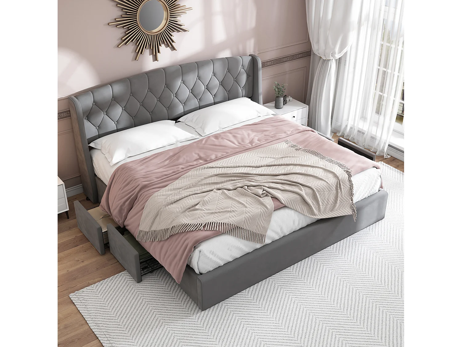Cama de adulto 140x200 cm - cama forrada a veludo com 4 gavetas em rede metálica maciça + estrado de ripas + cabeceira sem colchão - cinzento