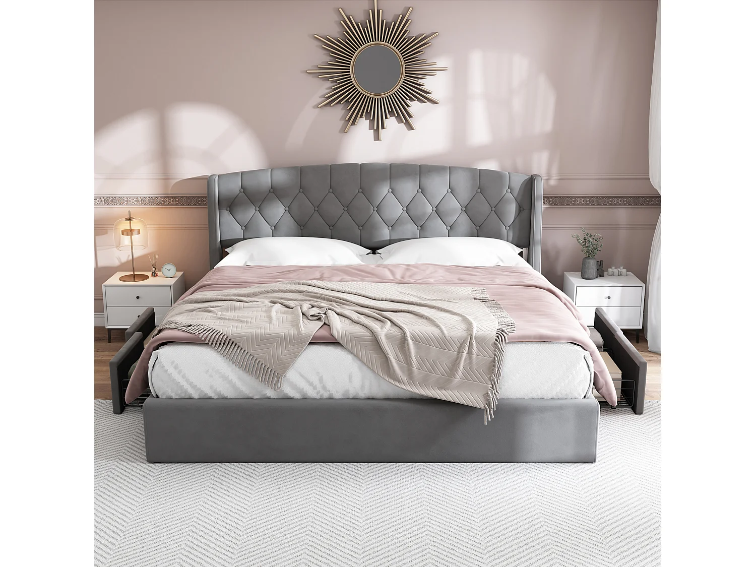 Cama de adulto 140x200 cm - cama forrada a veludo com 4 gavetas em rede metálica maciça + estrado de ripas + cabeceira sem colchão - cinzento