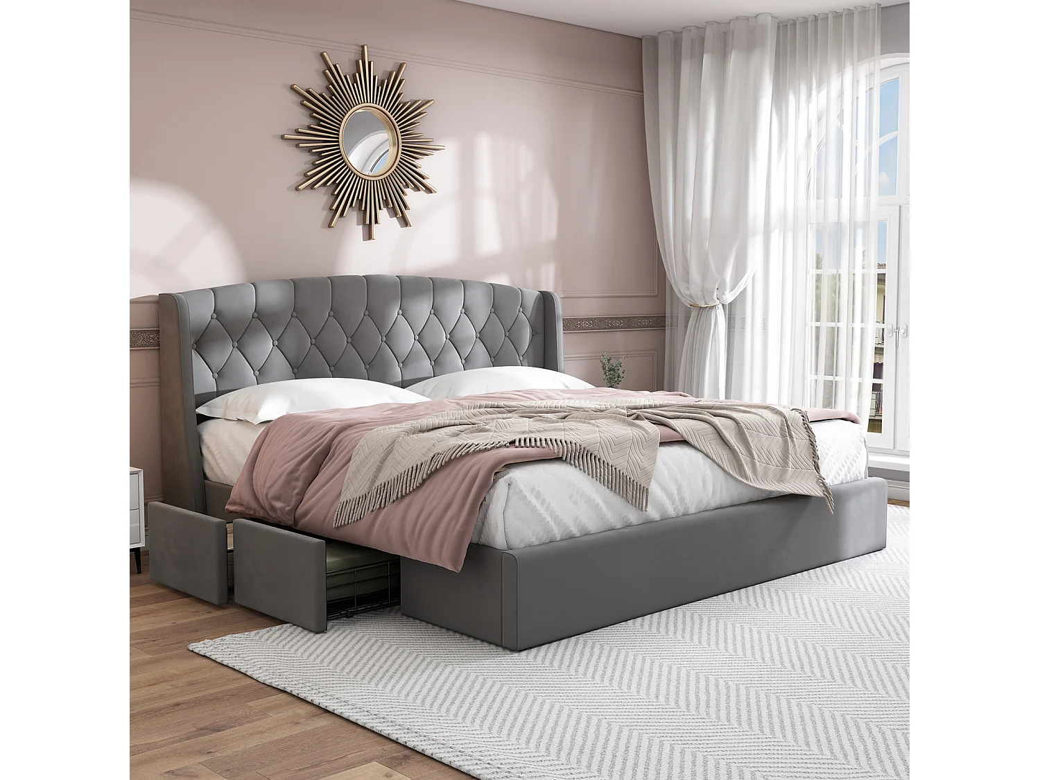 Cama de adulto 140x200 cm - cama forrada a veludo com 4 gavetas em rede metálica maciça + estrado de ripas + cabeceira sem colchão - cinzento