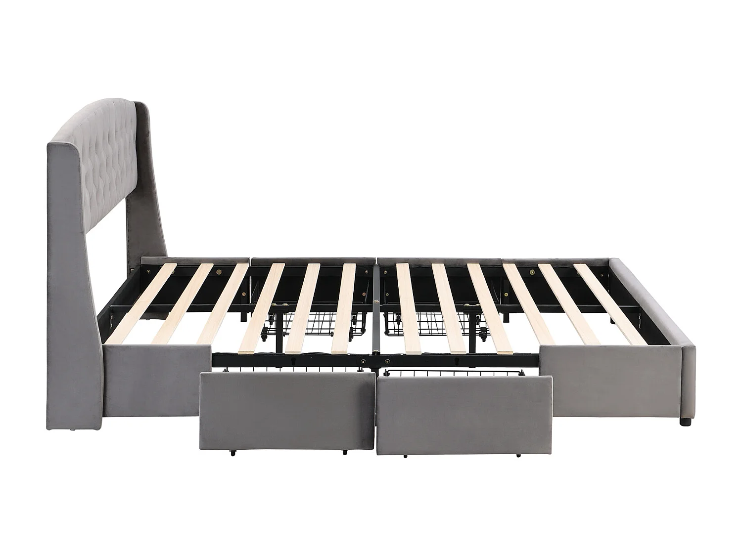 Cama de adulto 140x200 cm - cama forrada a veludo com 4 gavetas em rede metálica maciça + estrado de ripas + cabeceira sem colchão - cinzento