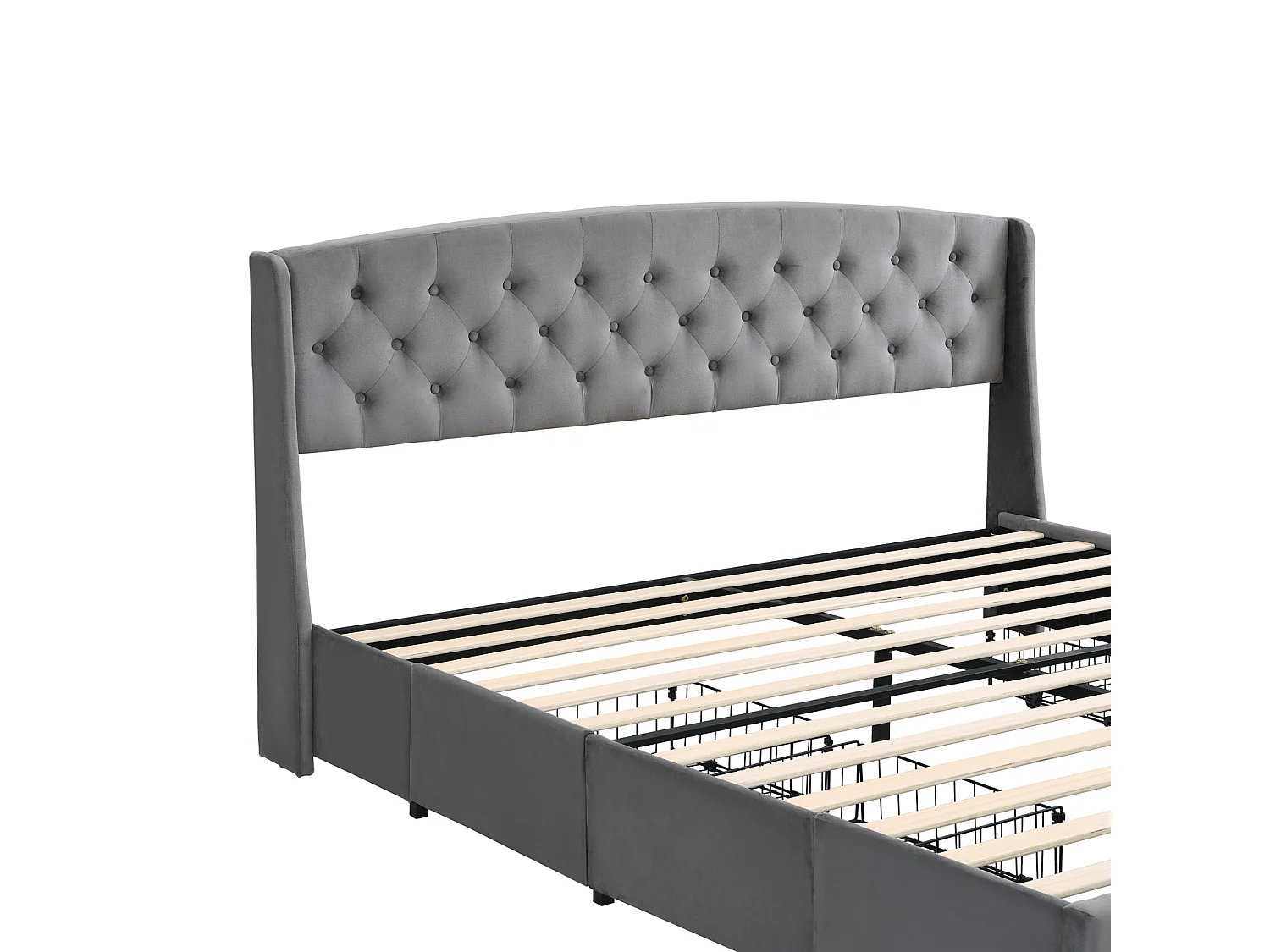 Cama de adulto 140x200 cm - cama forrada a veludo com 4 gavetas em rede metálica maciça + estrado de ripas + cabeceira sem colchão - cinzento