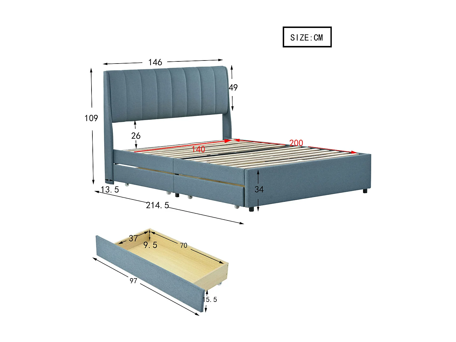 Tweepersoonsbed 140x200cm - Gestoffeerd bedframe met 4 lades + Lattenbodem + Hoofdbord - Linnen stof - Blauw