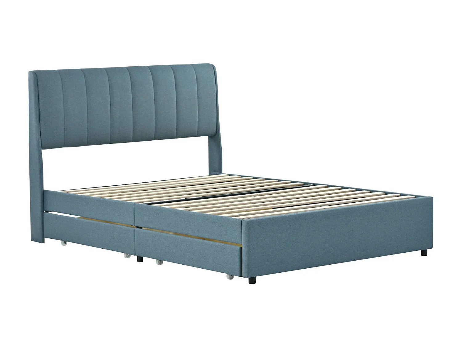 Tweepersoonsbed 140x200cm - Gestoffeerd bedframe met 4 lades + Lattenbodem + Hoofdbord - Linnen stof - Blauw