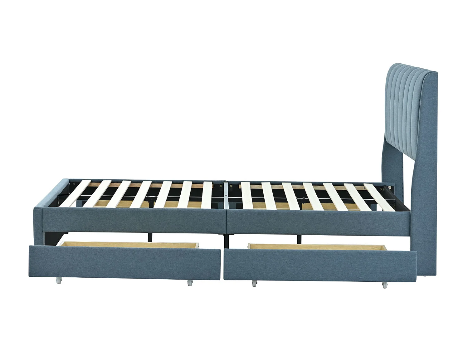 Tweepersoonsbed 140x200cm - Gestoffeerd bedframe met 4 lades + Lattenbodem + Hoofdbord - Linnen stof - Blauw