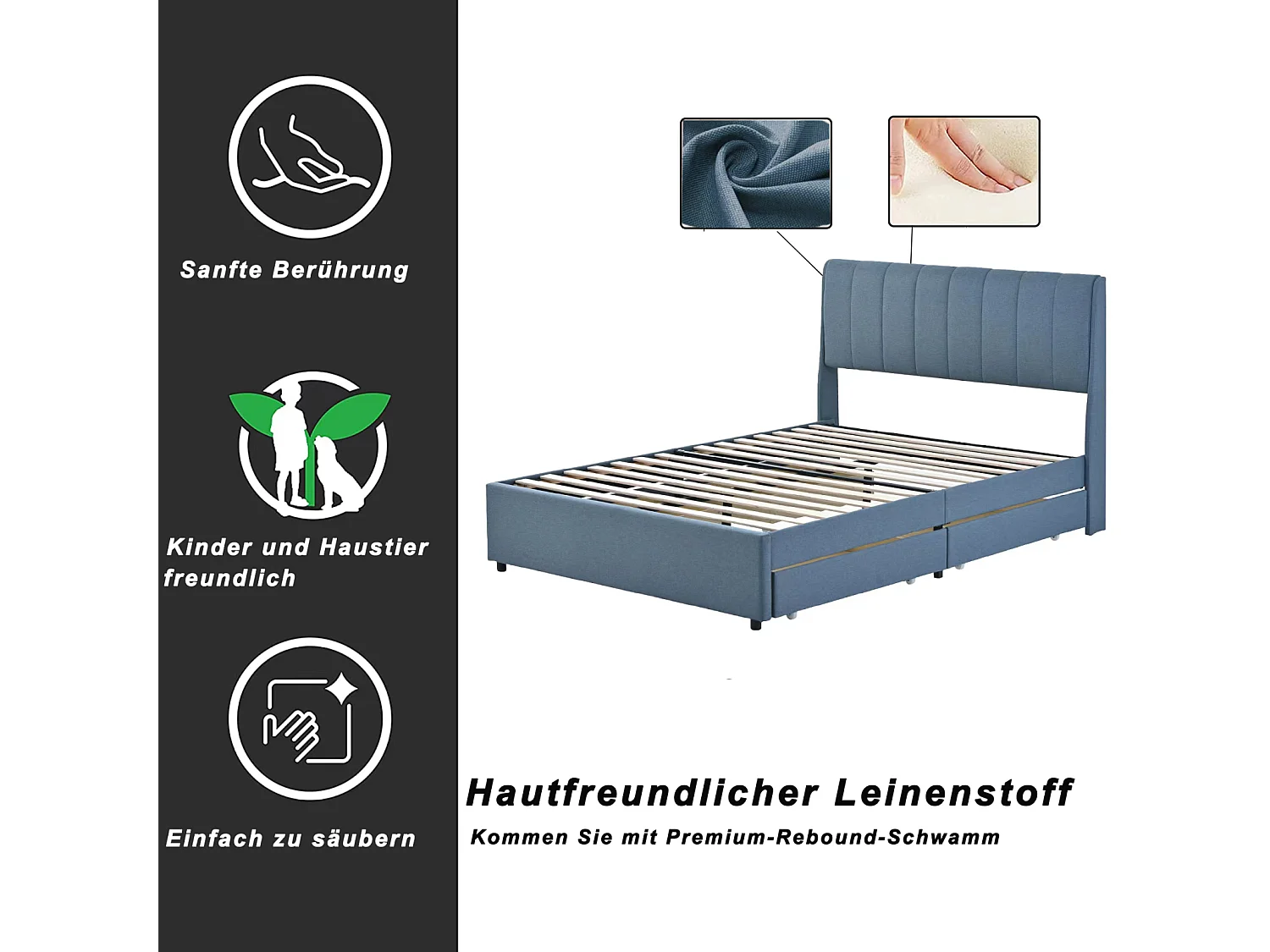 Tweepersoonsbed 140x200cm - Gestoffeerd bedframe met 4 lades + Lattenbodem + Hoofdbord - Linnen stof - Blauw