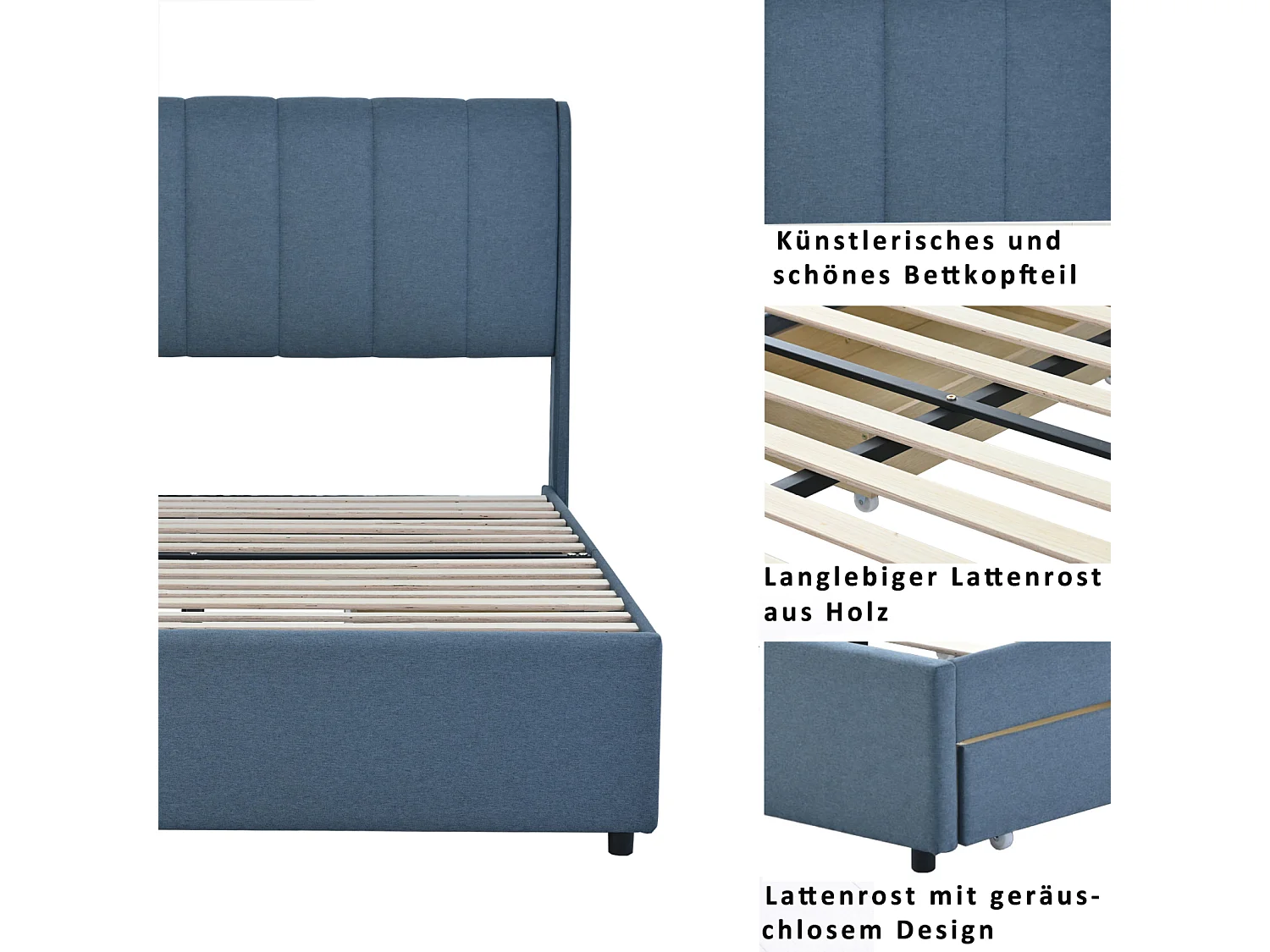 Tweepersoonsbed 140x200cm - Gestoffeerd bedframe met 4 lades + Lattenbodem + Hoofdbord - Linnen stof - Blauw