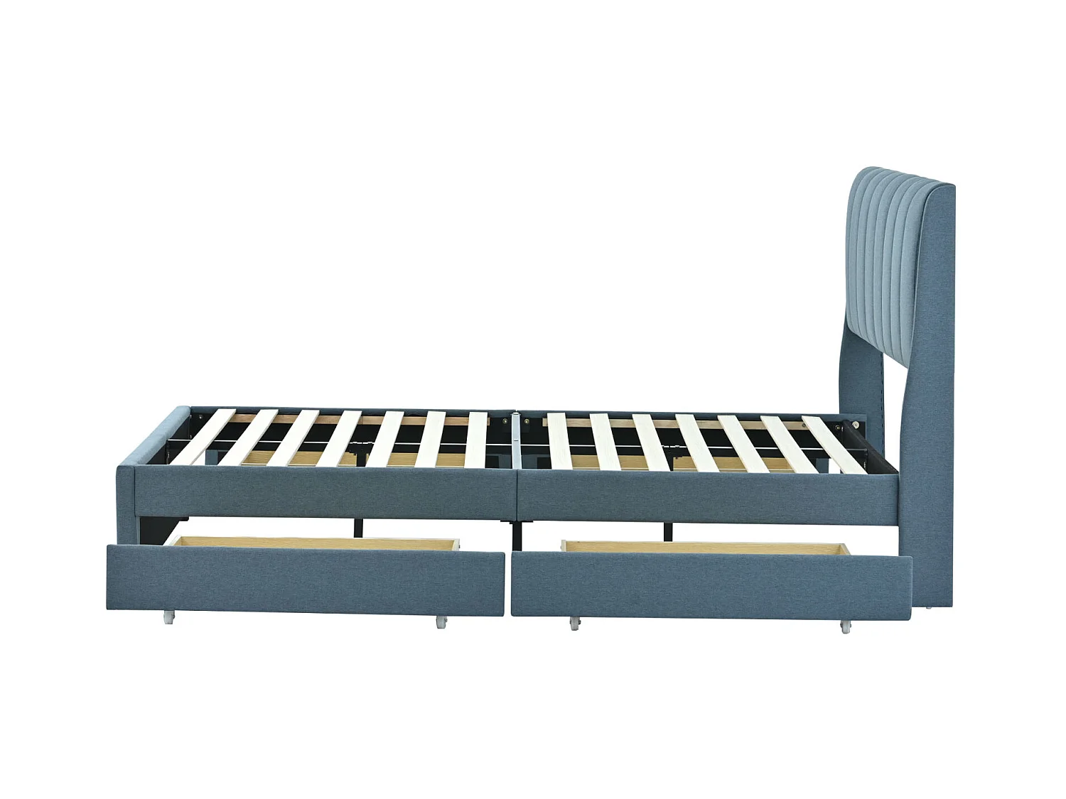 Tweepersoonsbed 140x200cm - Gestoffeerd bedframe met 4 lades + Lattenbodem + Hoofdbord - Linnen stof - Blauw