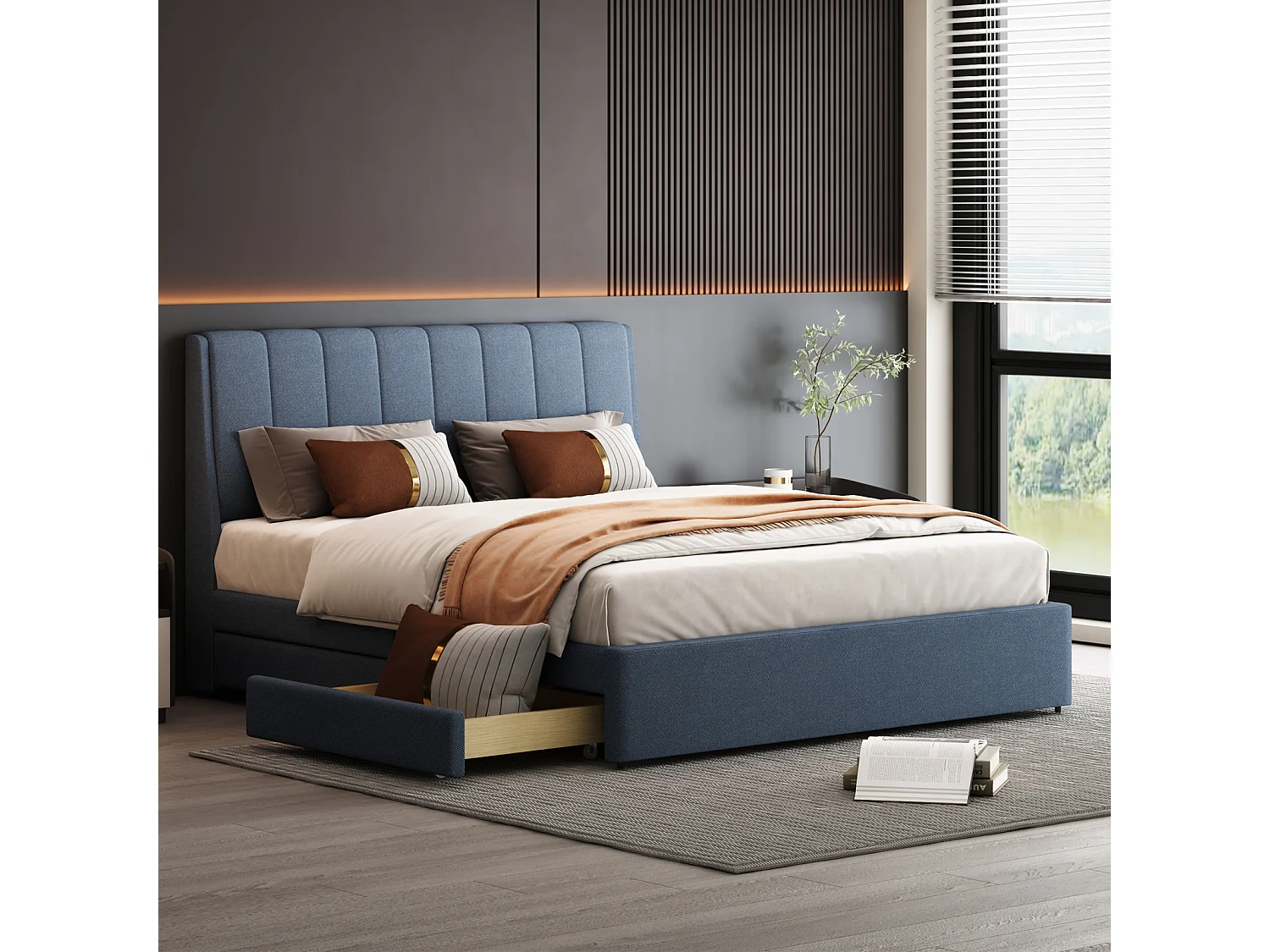 Tweepersoonsbed 140x200cm - Gestoffeerd bedframe met 4 lades + Lattenbodem + Hoofdbord - Linnen stof - Blauw