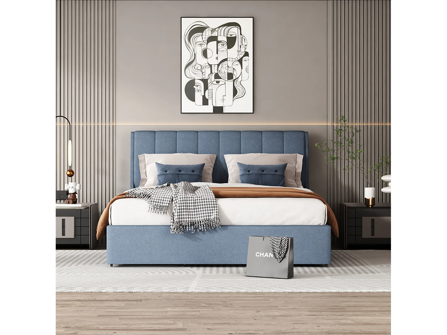 Tweepersoonsbed 140x200cm - Gestoffeerd bedframe met 4 lades + Lattenbodem + Hoofdbord - Linnen stof - Blauw