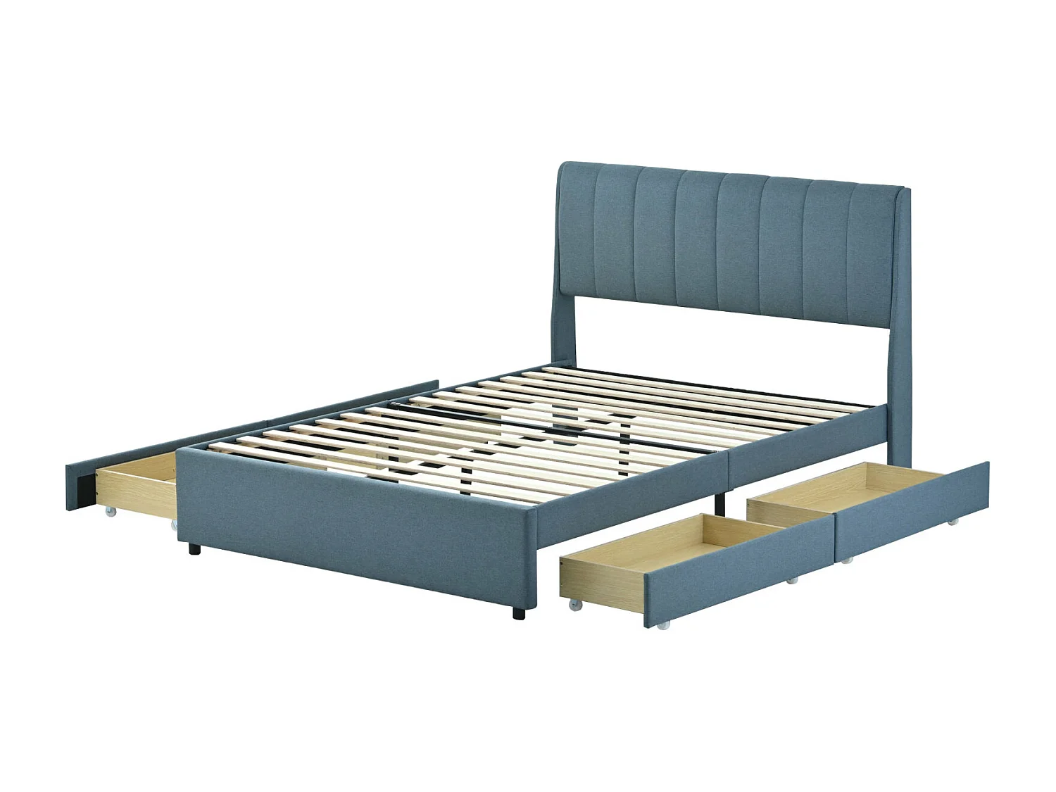 Tweepersoonsbed 140x200cm - Gestoffeerd bedframe met 4 lades + Lattenbodem + Hoofdbord - Linnen stof - Blauw