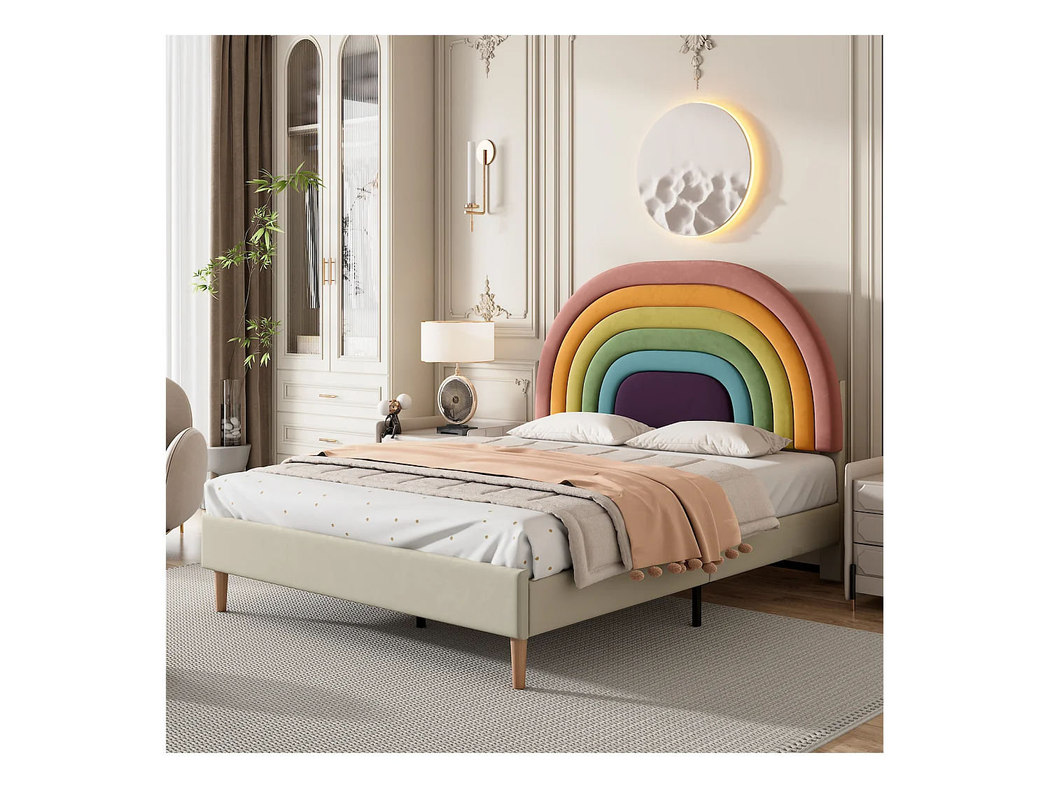 Lit adulte 140x200cm capitonné avec sommier à lattes en bois et tête de lit réglable en forme de arc-en-ciel - lit en velour beige