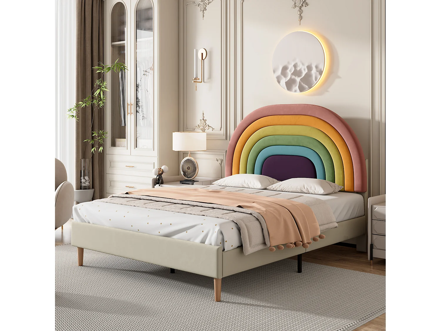 Lit adulte 140x200cm capitonné avec sommier à lattes en bois et tête de lit réglable en forme de arc-en-ciel - lit en velour beige