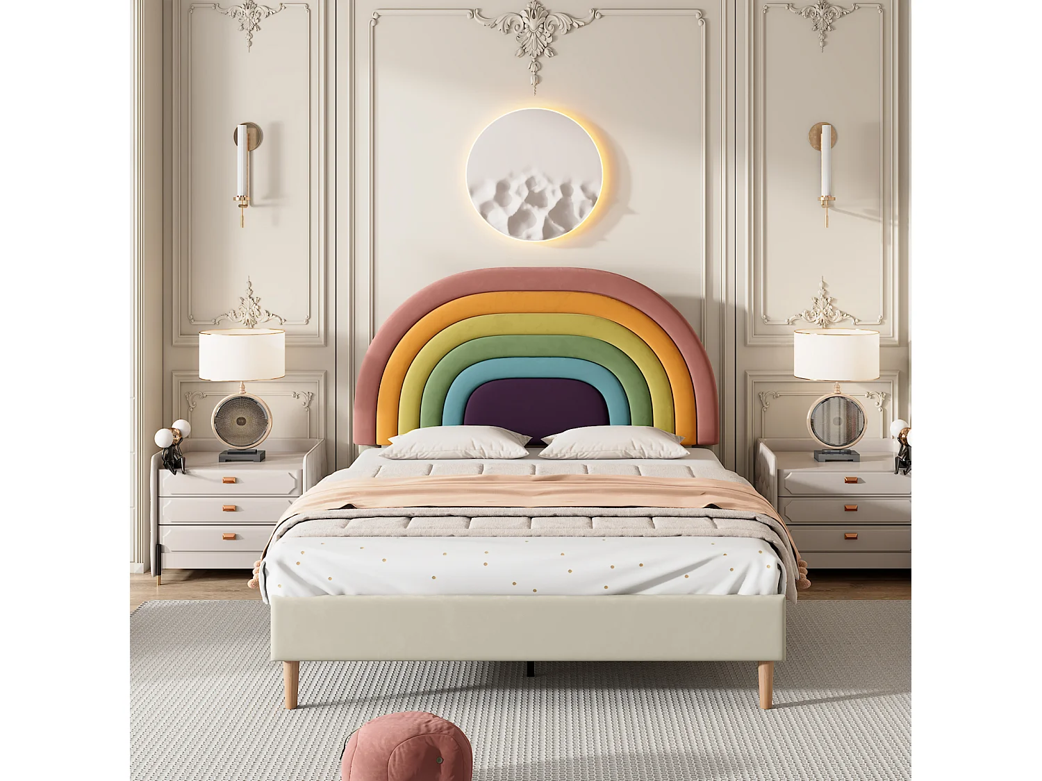 Lit adulte 140x200cm capitonné avec sommier à lattes en bois et tête de lit réglable en forme de arc-en-ciel - lit en velour beige