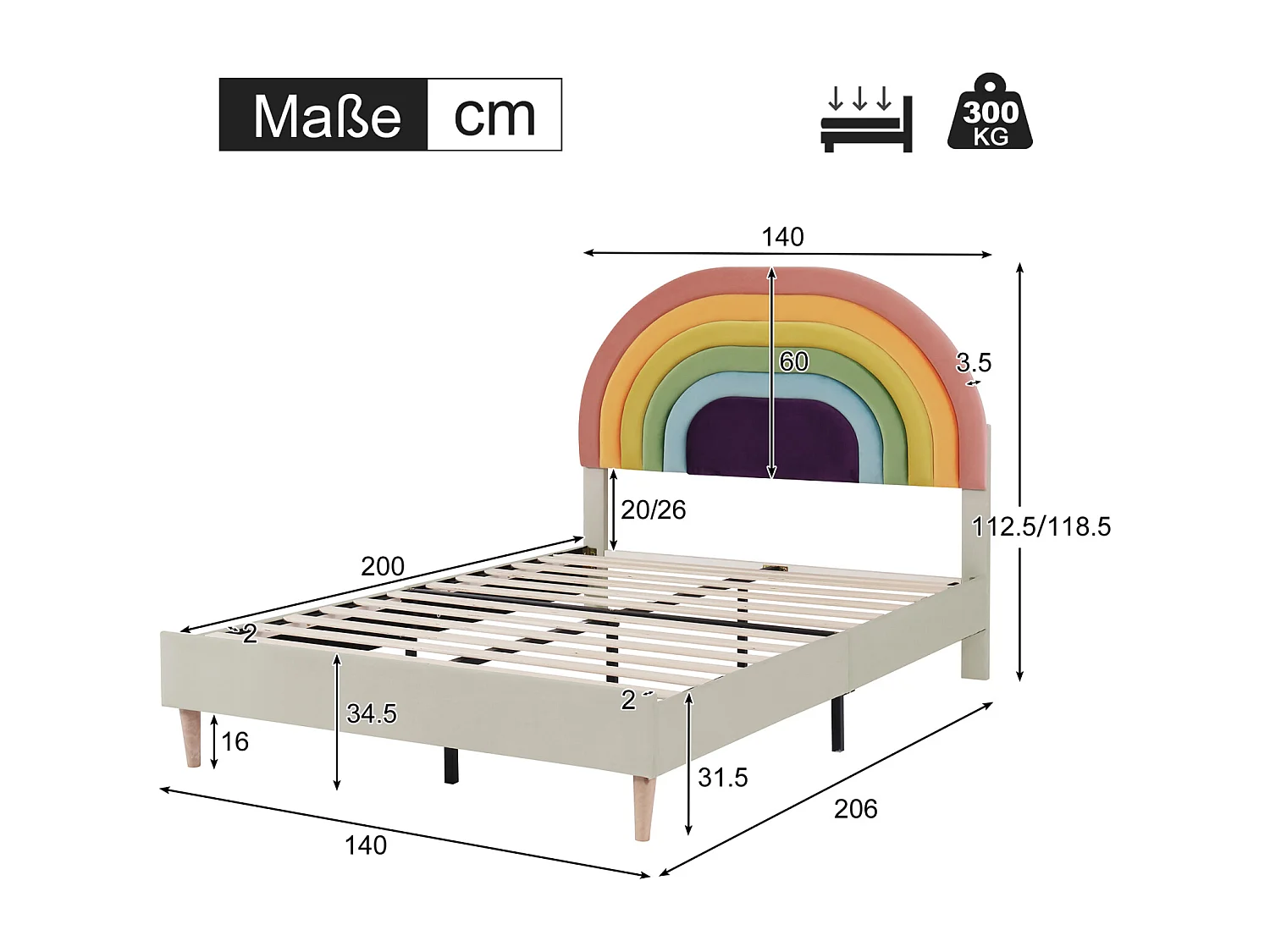 Lit adulte 140x200cm capitonné avec sommier à lattes en bois et tête de lit réglable en forme de arc-en-ciel - lit en velour beige