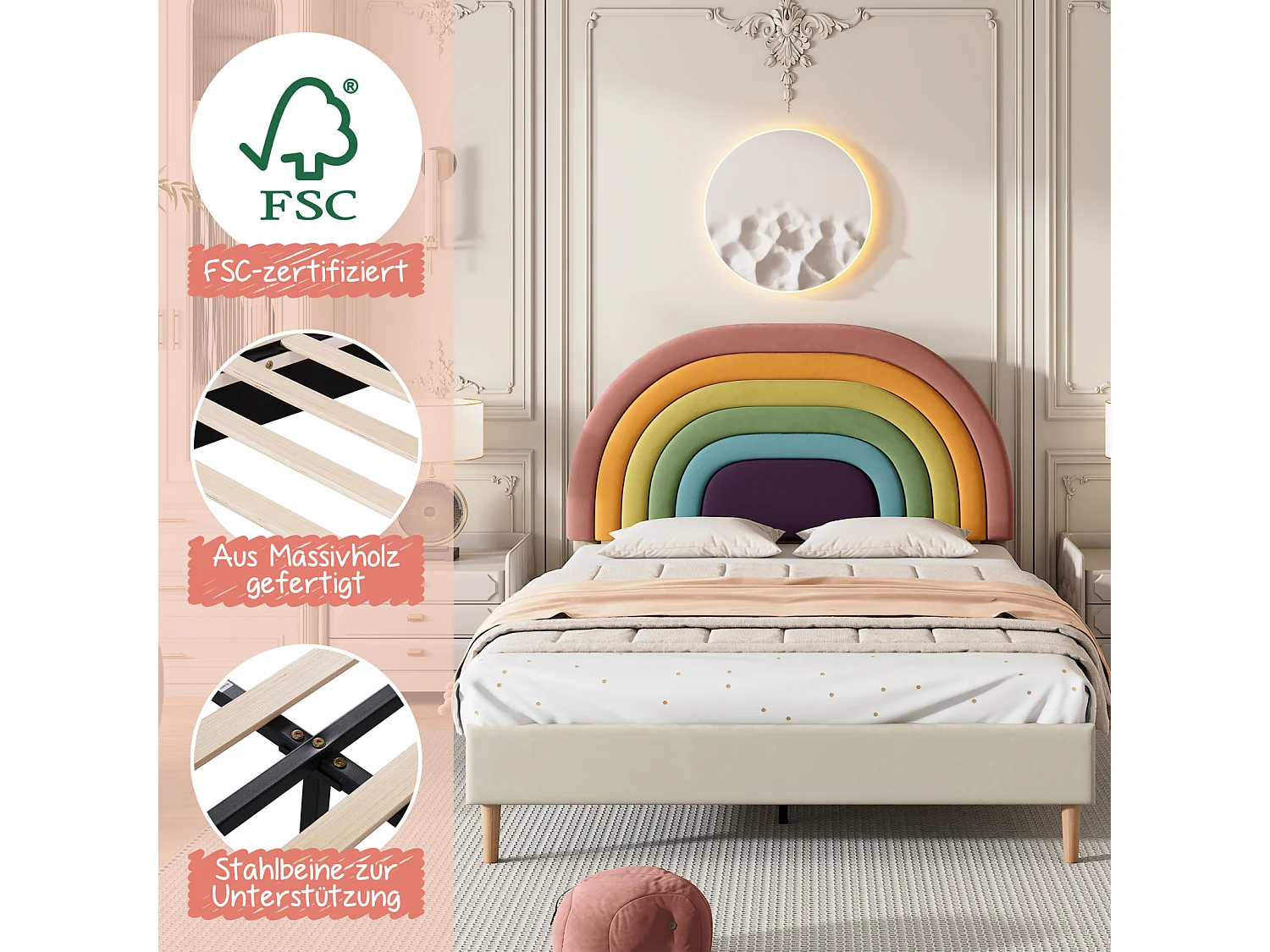 Lit adulte 140x200cm capitonné avec sommier à lattes en bois et tête de lit réglable en forme de arc-en-ciel - lit en velour beige