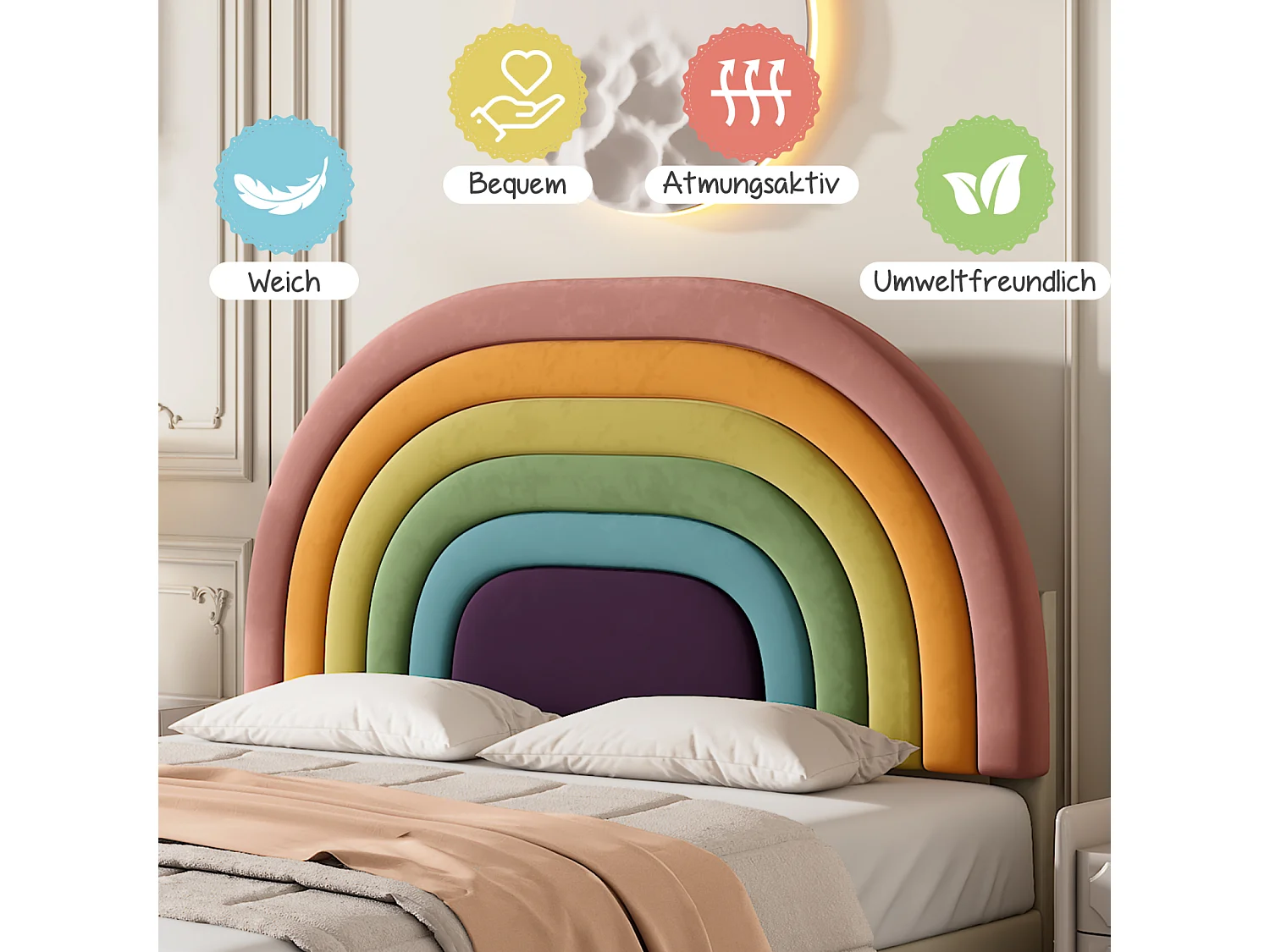 Lit adulte 140x200cm capitonné avec sommier à lattes en bois et tête de lit réglable en forme de arc-en-ciel - lit en velour beige