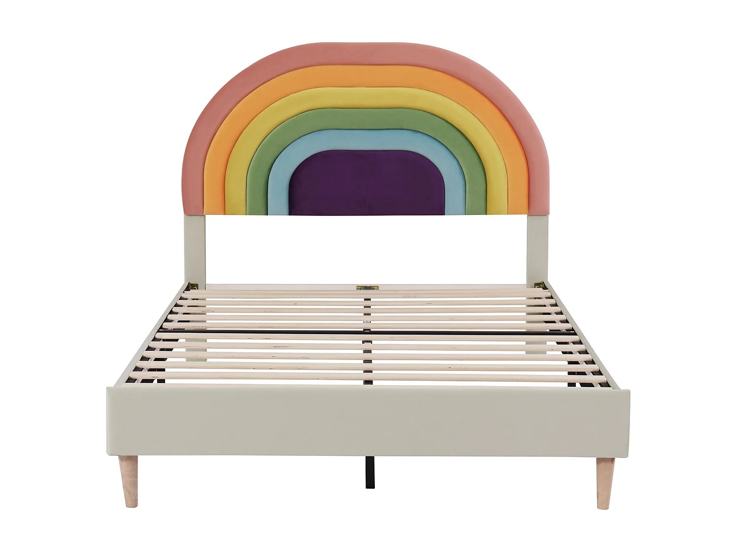 Lit adulte 140x200cm capitonné avec sommier à lattes en bois et tête de lit réglable en forme de arc-en-ciel - lit en velour beige