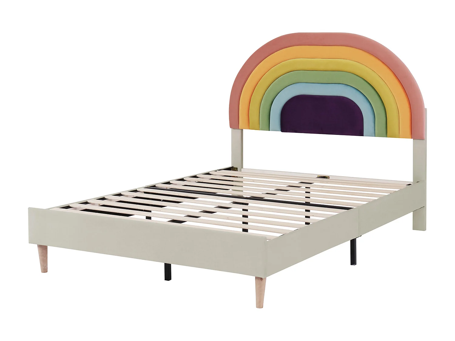 Lit adulte 140x200cm capitonné avec sommier à lattes en bois et tête de lit réglable en forme de arc-en-ciel - lit en velour beige