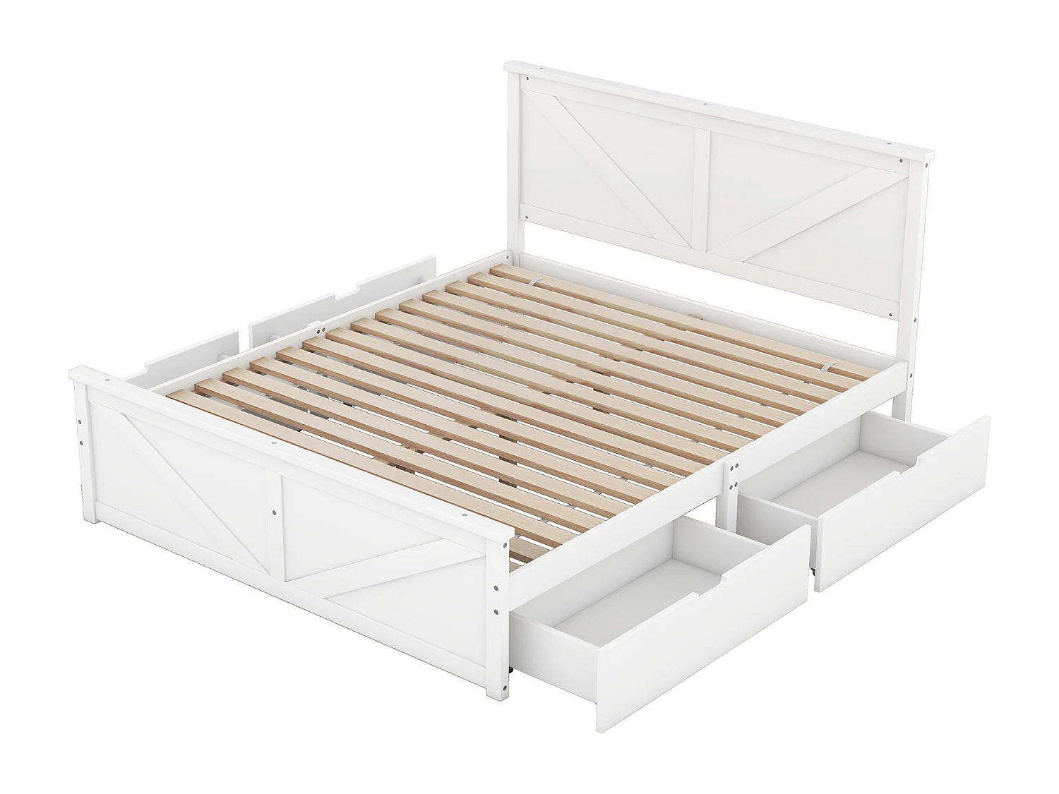 Lit avec 4 tiroirs 160x200cm - cadre et tête de lit en bois massif avec sommier à lattes en bois nqturel style industriel - Blanc