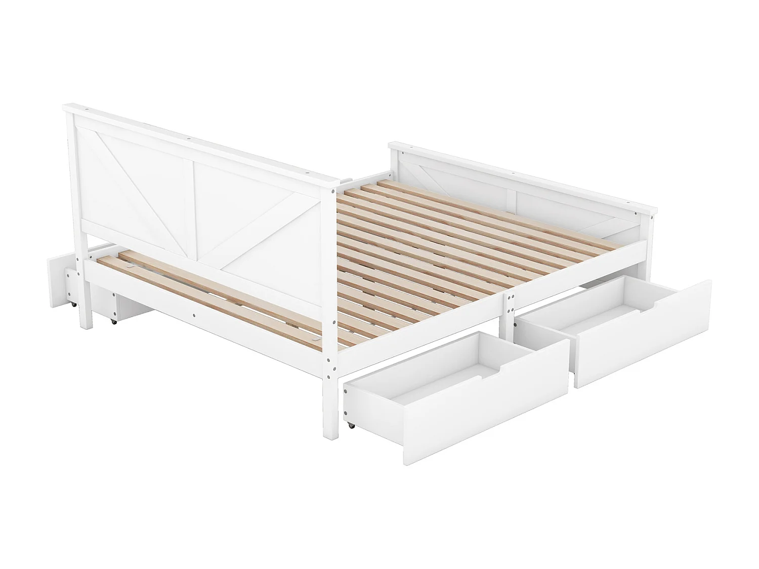 Lit avec 4 tiroirs 160x200cm - cadre et tête de lit en bois massif avec sommier à lattes en bois nqturel style industriel - Blanc