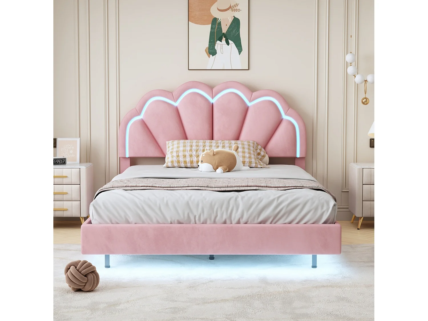 Lit double 140x200cm - Lit LED en velours avec sommier à lattes et tête de lit couronne - Matelas non inclus - Rose