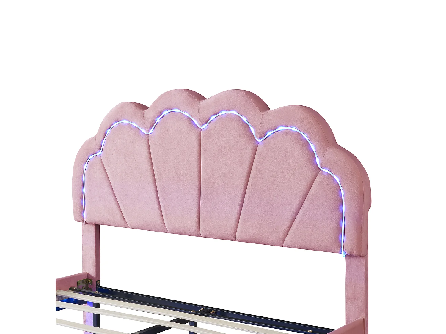Lit double 140x200cm - Lit LED en velours avec sommier à lattes et tête de lit couronne - Matelas non inclus - Rose