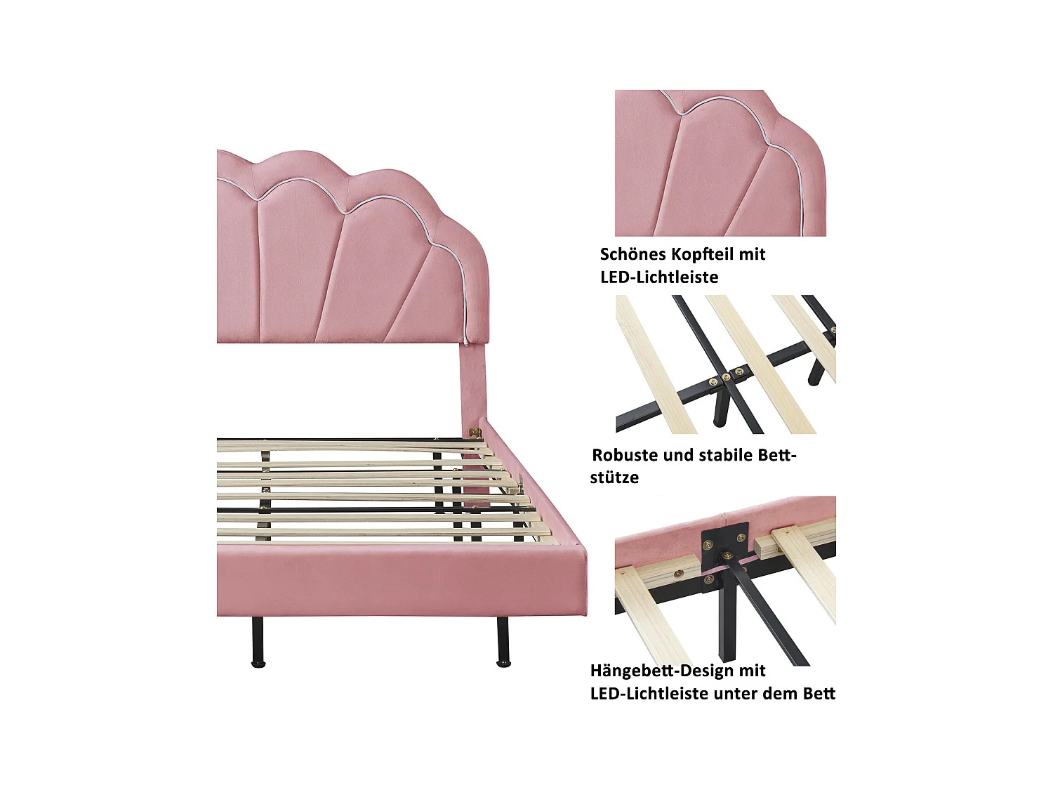 Lit double 140x200cm - Lit LED en velours avec sommier à lattes et tête de lit couronne - Matelas non inclus - Rose