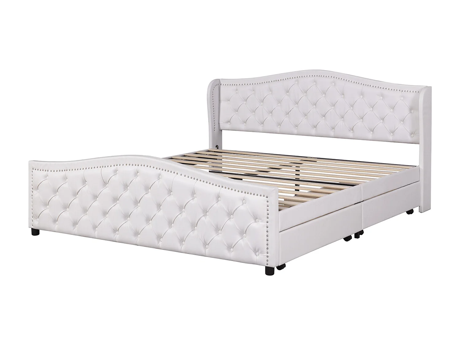 Doppelbett 160x200cm, Polsterbett mit 2 Schubladen, Lattenrost und Kopfteil mit Knopfnieten, PU, Weiß