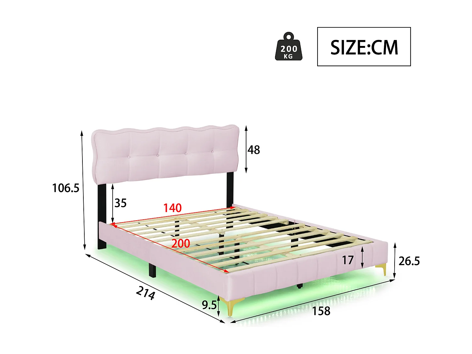 Volwassen bed in fluwelen stof, tweepersoonsbed met LED, lattenbodem, hoofdbord, hoge roze metalen poten 140x200cm