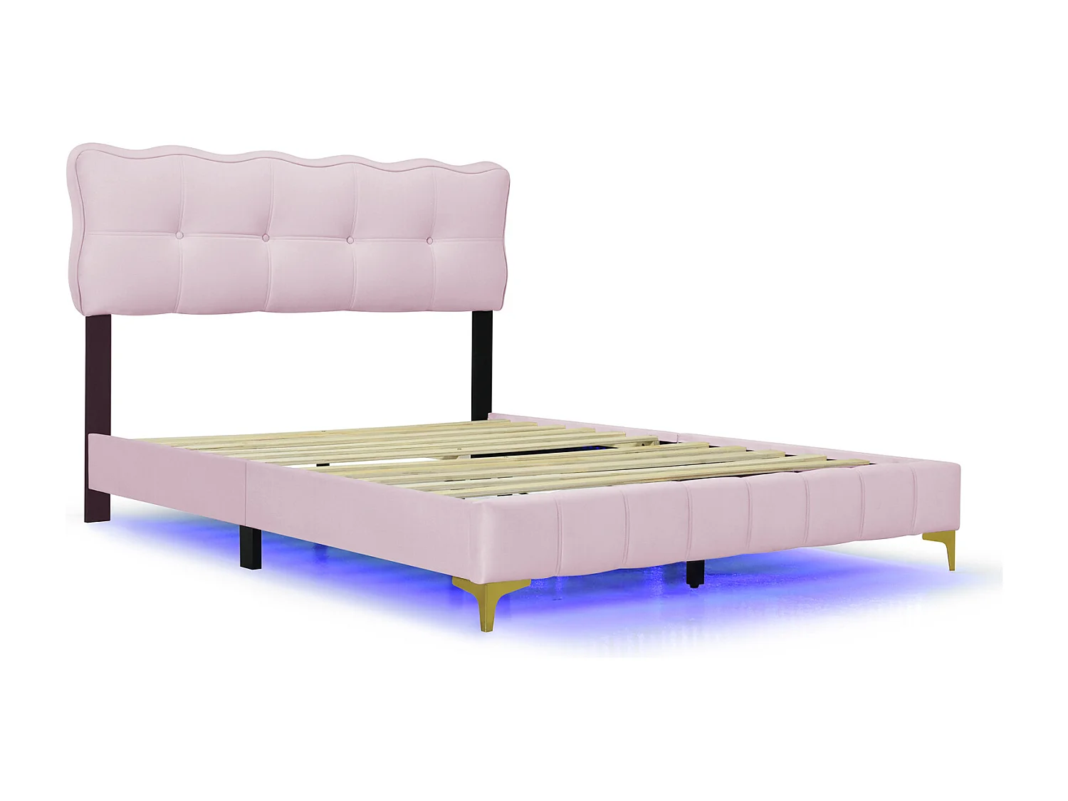Volwassen bed in fluwelen stof, tweepersoonsbed met LED, lattenbodem, hoofdbord, hoge roze metalen poten 140x200cm