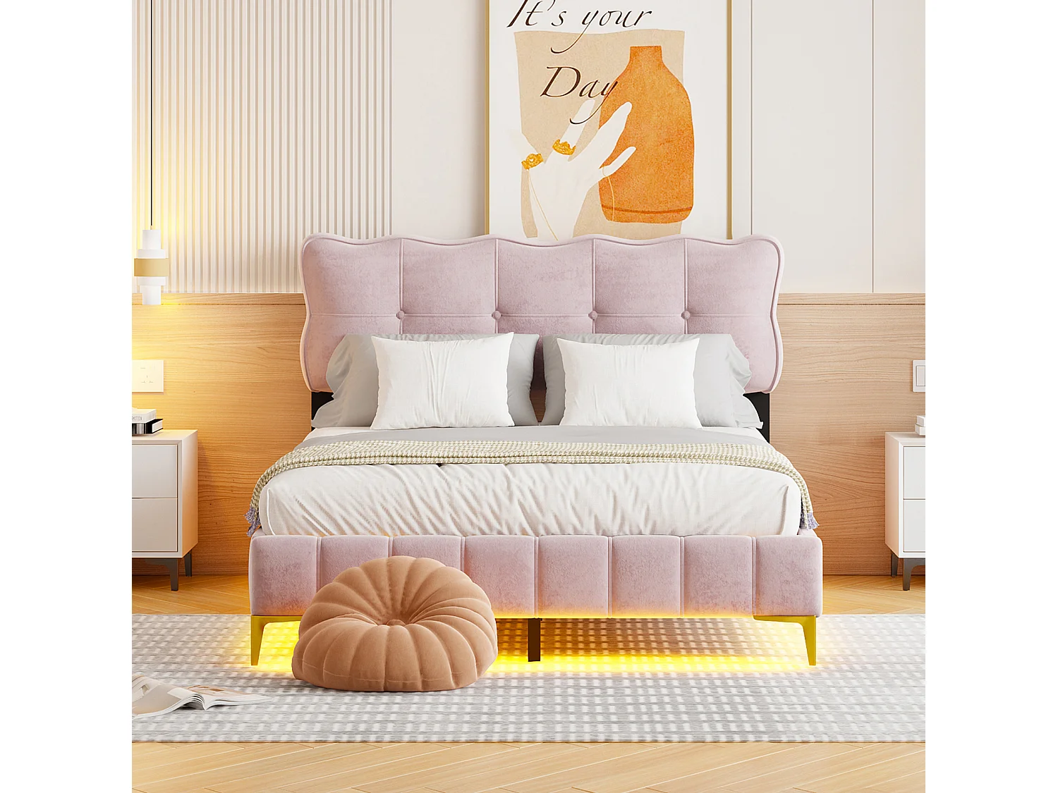 Cama de adulto em tecido veludo, cama de casal estofada com LED, estrado de ripas, cabeceira, pés altos em metal rosa 140x200cm