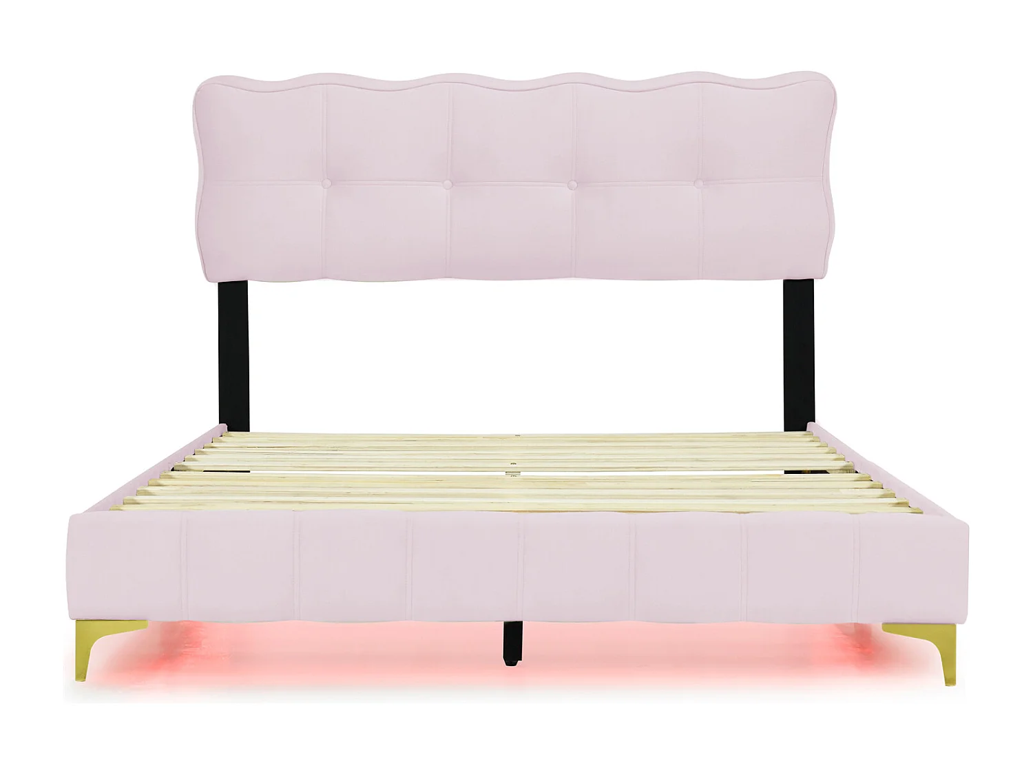 Cama de adulto em tecido veludo, cama de casal estofada com LED, estrado de ripas, cabeceira, pés altos em metal rosa 140x200cm