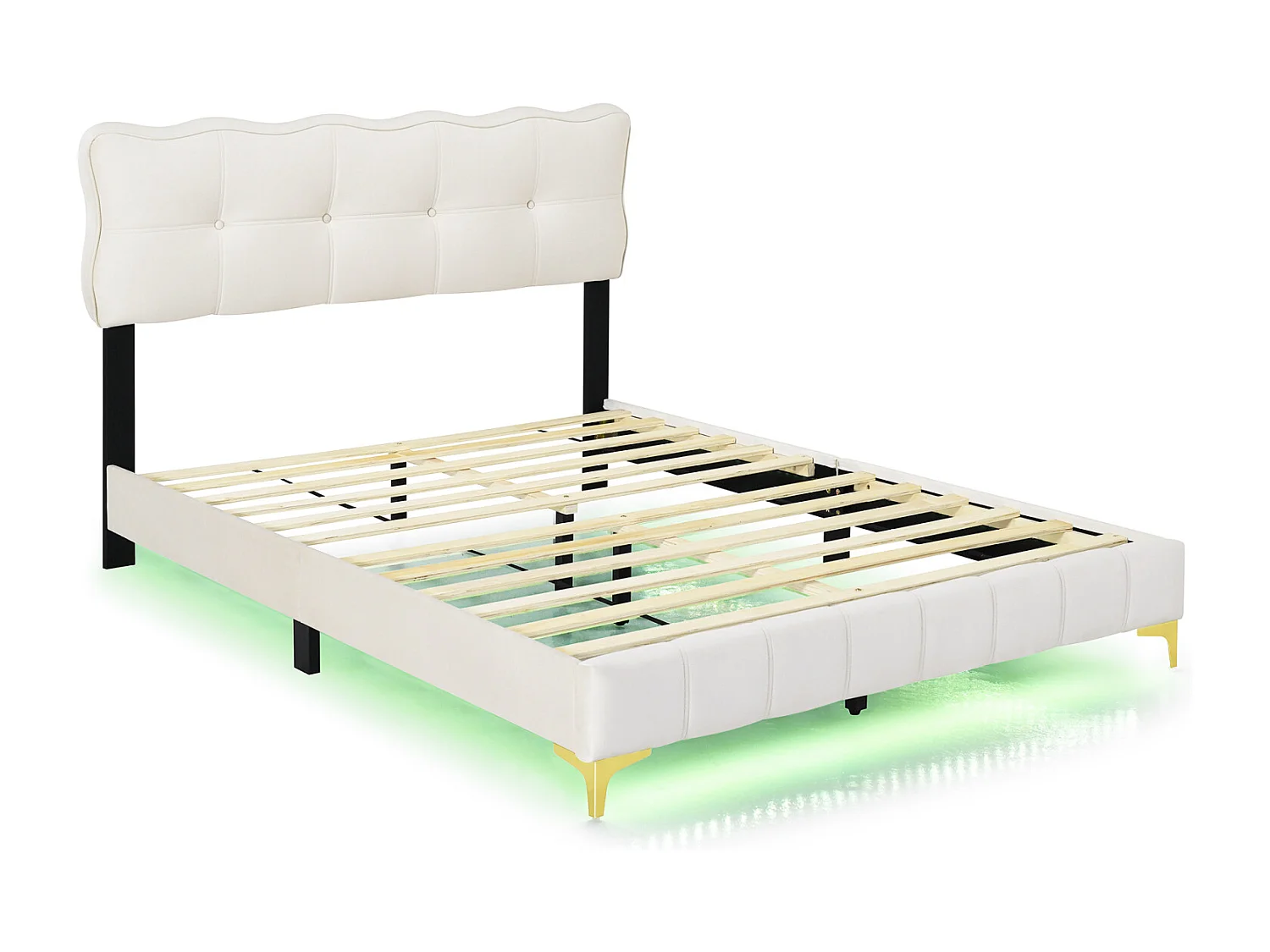 Lit adulte en tissu velours, lit double capitonné avec LED, sommier à lattes, tête de lit, pieds hauts en métal beige 140x200cm