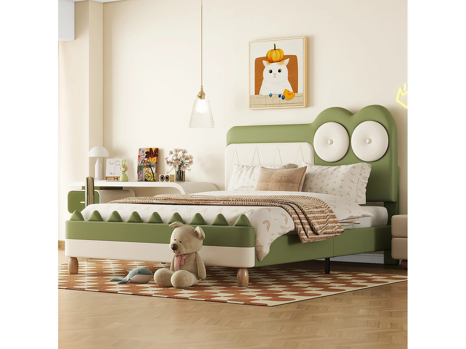 Lit 140x200cm, lit d'enfant en forme de crocodile de dessin animé, avec sommier à lattes et tête de lit, PU, Vert