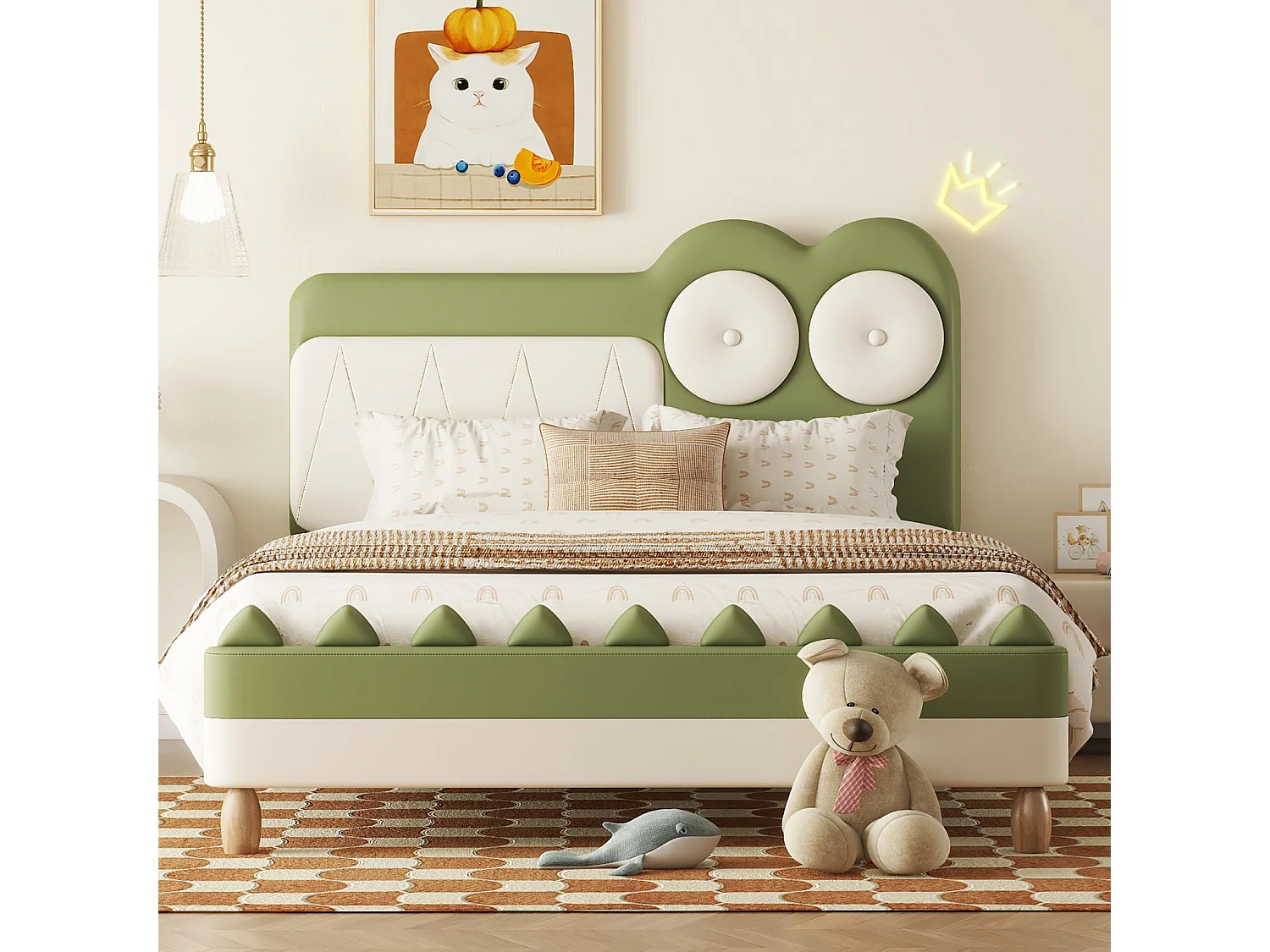 Lit 140x200cm, lit d'enfant en forme de crocodile de dessin animé, avec sommier à lattes et tête de lit, PU, Vert